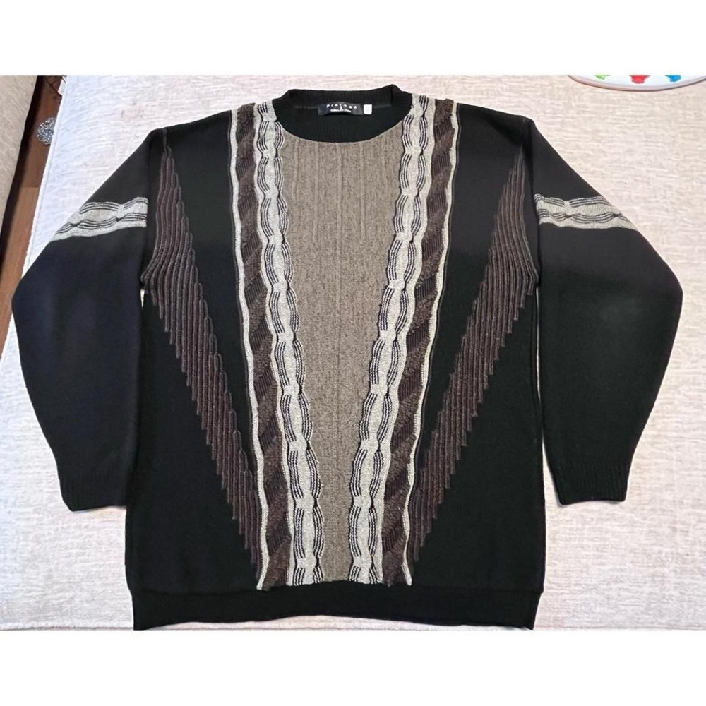 Protégé Collection XLT Sweater Black Brown 3D Knit Coogi‎ Style Made USA VTG